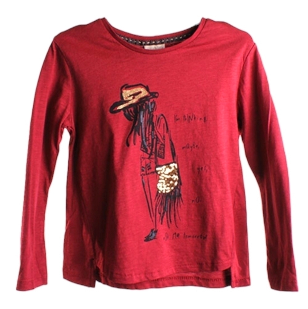 Zara Girls Red Long Sleeve T-shirt With Sequins graphic Size 5